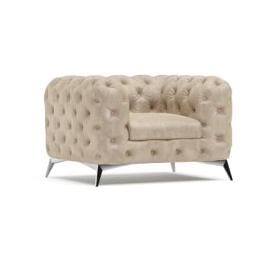 Fauteuil Chesterfield en velours beige avec pieds argentés
