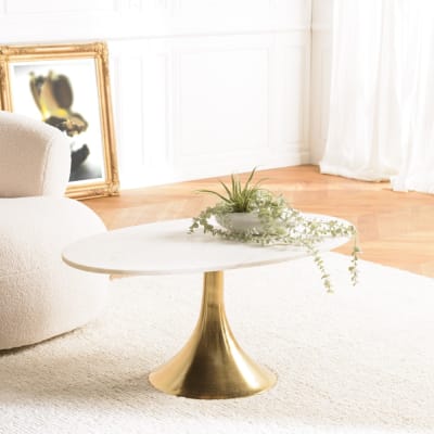 Table basse 100x56cm plateau marbre pied évasé doré