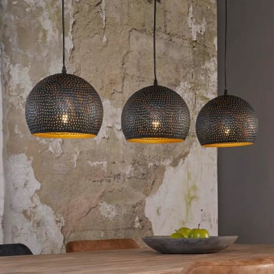 Suspension 3 abat-jours en métal gris vieilli perforé l110cm