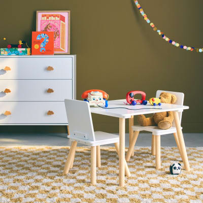 Table carrée enfant + 2 chaises, pieds pin, blanc