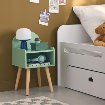 Table de chevet chambre enfant, vert, pieds en pin
