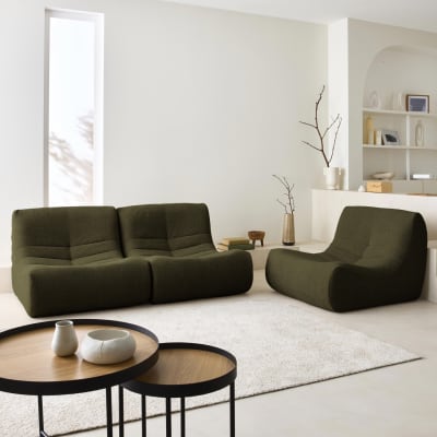 3 fauteuils chauffeuses bouclette texturée kaki