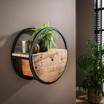 Etagère murale ronde bois recyclé brut et métal noir vieilli d50cm