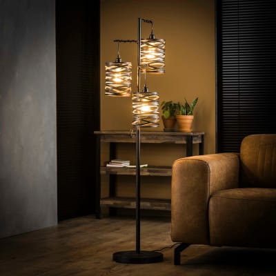 Lampadaire 3 abat-jours en ruban métallique gris vieilli