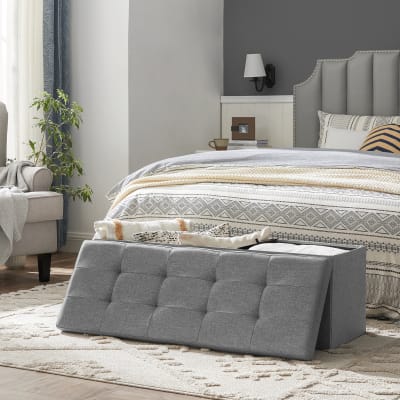 Banc de rangement pliable 110 x 38 x 38 cm tissu façon lin gris clair
