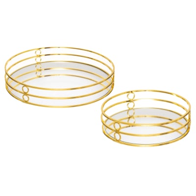Set de 2 plateaux ronds en métal doré et miroirs 30x30x3.7cm