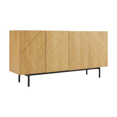 Console en bois clair avec motifs géométriques dorés