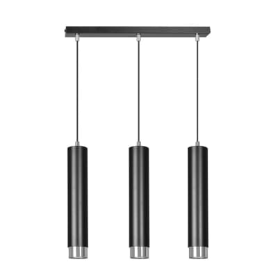 Suspension avec 3 abat-jour cylindriques noirs et chromés