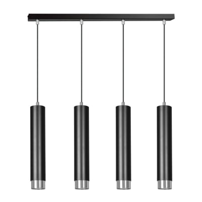 Suspension avec 4 abat-jour cylindriques noirs et chromés