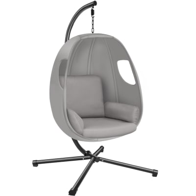 Fauteuil suspendu, acier laqué, extérieur, design moderne, gris clair