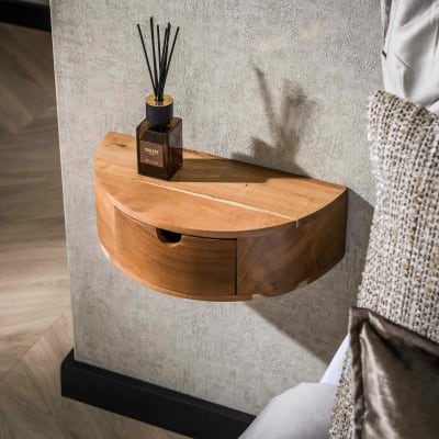 Table de chevet murale en demi lune 1 tiroir en acacia massif