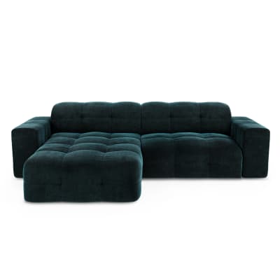 Canapé angle gauche 5 places en velours bleu paon