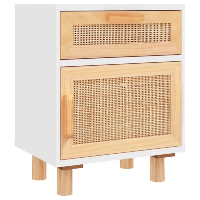 Table de chevet blanc bois de pin massif et rotin naturel 40x30x50 cm