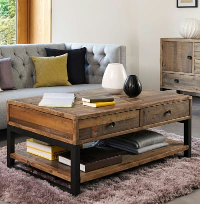 Table basse double plateau 2 tiroirs en bois recyclé 120x70cm