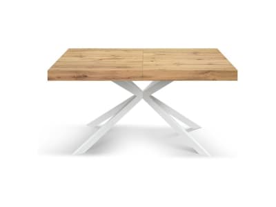 Table en bois, finition chêne, base X blanche, extensible 140x90