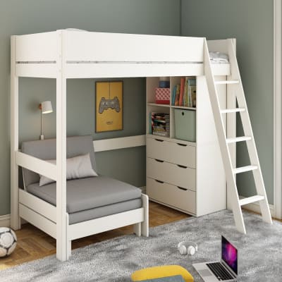 Lit mezzanine avec rangements et chauffeuse en pin blanc 90x190