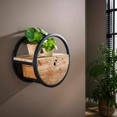 Etagère murale ronde d40cm bois recyclé brut et métal noir vieilli
