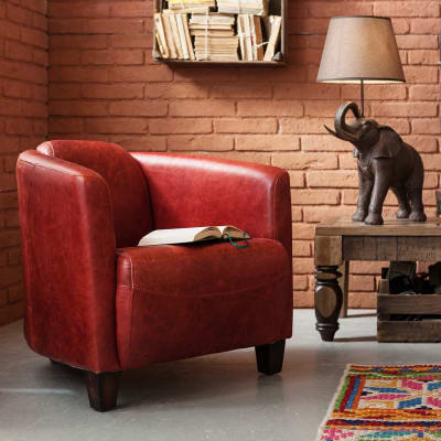 Fauteuil en cuir rouge et hévéa massif