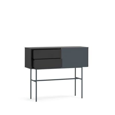 Console 2 tiroirs porte coulissante laquée noir  gris 110x90 cm