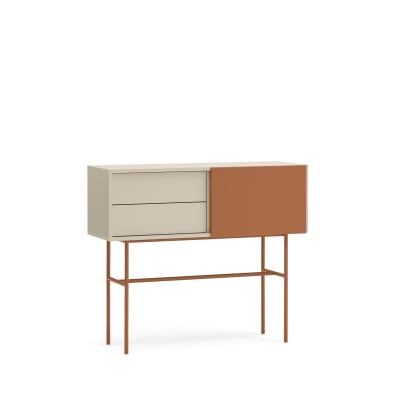 Console avec 2 tiroirs et porte coulissante laquée sable 110x90 cm