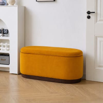 Banc coffre avec rangement en velours jaune moutarde