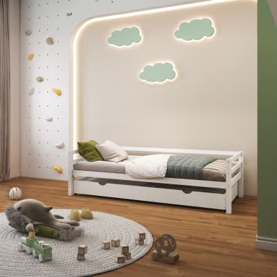 Lit 90x200 cm blanc avec tiroir en pin