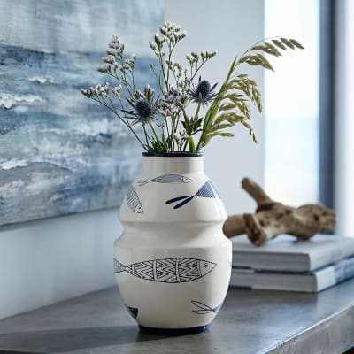Pot en céramique blanc avec des poissons ø 15x24 cm