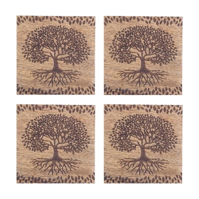 4 sous-verres arbre de vie en bois sculpté 10 cm