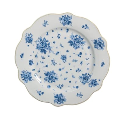 Assiette à dessert en porcelaine blanche motif fleuri bleu 20x20x2cm