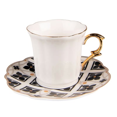 Tasse à café avec dessous de tasse en porcelaine blanc, noir, doré 95m