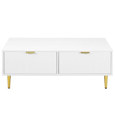 Table basse blanche moderne avec poignets et pieds dorés 2 tiroirs
