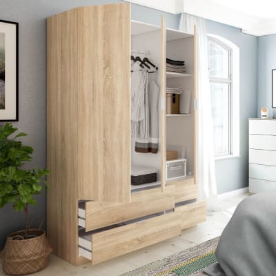Armoire 3 portes 4 tiroirs 200x135x52 cm chêne