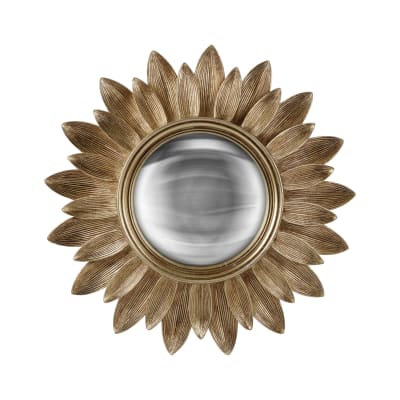 Miroir rond convexe contours feuille 30 cm dore