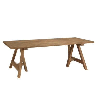 Table à manger de jardin 220x100cm teck recyclé, pieds tréteaux