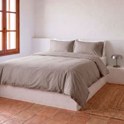 Housse de couette uni 100% coton gris 220x220 cm + 2 taie oreiller