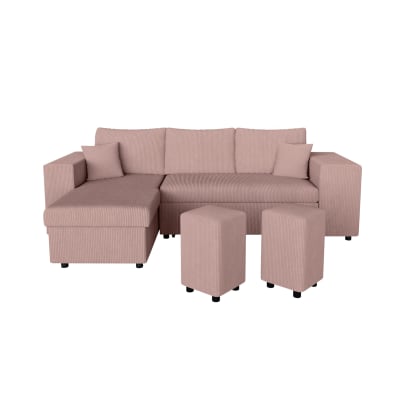 Canapé convertible 2 poufs droit et étagère en velours côtelé - rose