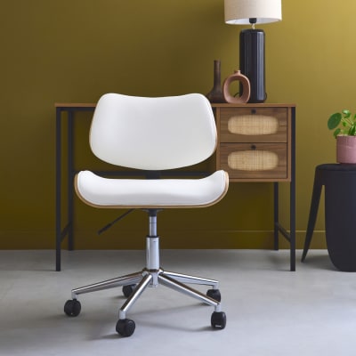 Chaise de bureau décor effet chêne simili cuir blanc