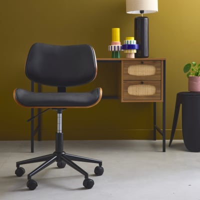 Chaise de bureau décor effet noyer simili cuir noir