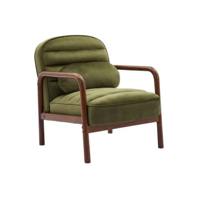 Fauteuil bois d'hévéa teinté noyer velours kaki