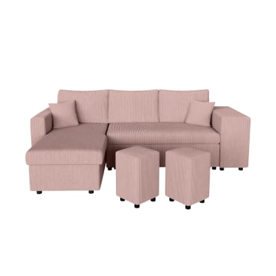 Canapé convertible avec 2 poufs droit en velours côtelé - rose