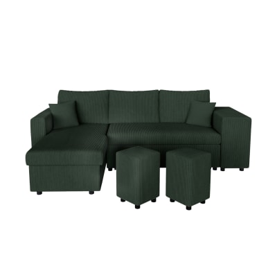 Canapé convertible avec 2 poufs droit en velours côtelé - vert foncé