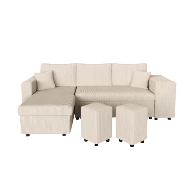 Canapé convertible avec 2 poufs droit en velours côtelé - beige
