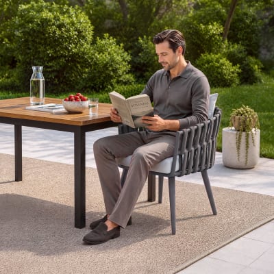 Chaise, aluminium, tressage corde, coussin épais, gris anthracite