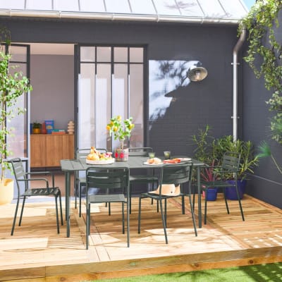 Table de jardin métal 2 fauteuils 4 chaises kaki