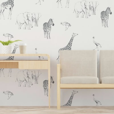 Papier peint enfant motif tanzanie, noir et blanc 225 x 250c