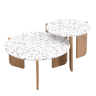 Ensemble de 2 tables basses gigognes blanches rondes pieds bois