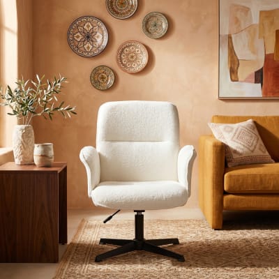 Fauteuil pivotant en tissu bouclette blanc avec accoudoirs