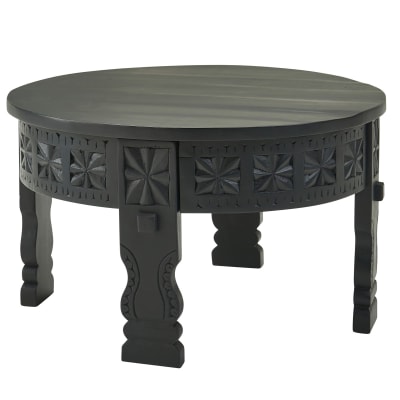Table basse ronde orientale en bois massif de manguier, noir