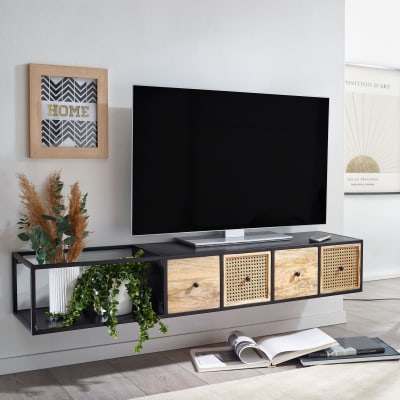 Meuble tv bas à 4 tiroirs en bois de manguier massif, marron