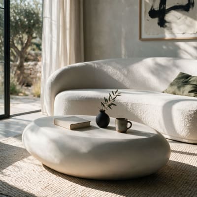 Table basse ovale écrue en fibre d'argile effet béton 105 cm